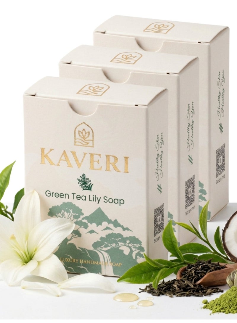 KAVERI Green Tea Lily (Pack Of 3 Soaps)Natural Soap Bar for Sensitive Dry Skin | Handmade Herbal Bathing Soap for Women Men | Refreshing & Antioxidant Rich | Gentle Daily Face Body Cleanser (110g *3) - Image 1