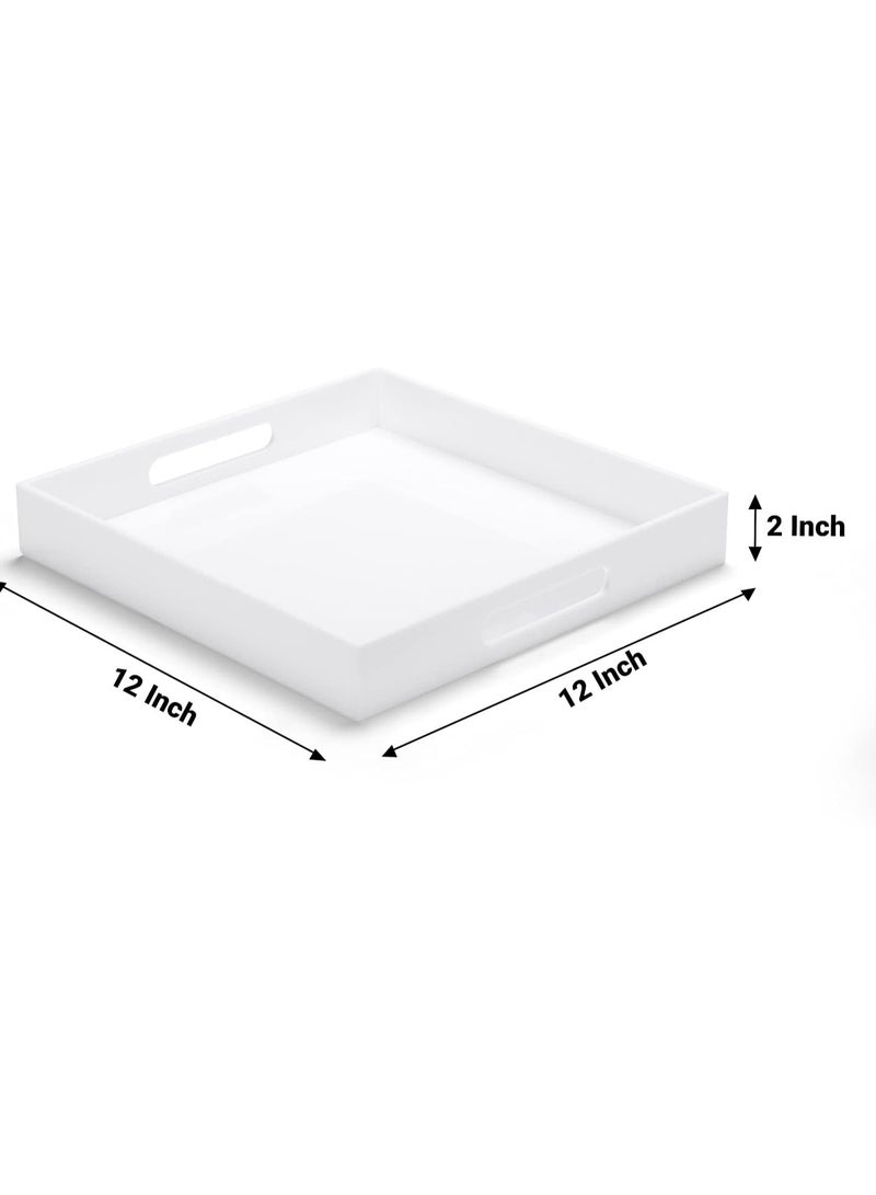 TPGP White Acrylic Ottoman Tray with Handles 12x12x2 Inch Spill Proof Serving Tray Safe Edge Organizer Tray Decorative Tray for Living Room Bedroom Kitchen Bathroom Coffee Table Countertop - Image 2