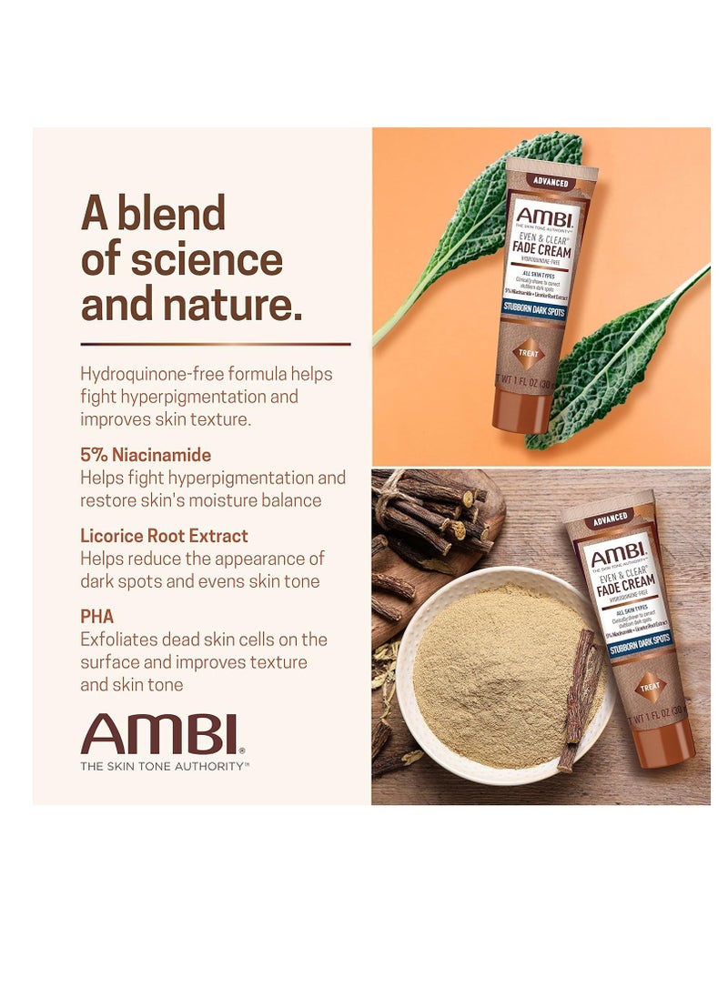 ambi - Ambi Even & Clear Advanced Fade Cream, Hydroquinone-free, Hyperpigmentation Treatment, Stubborn Dark Spot Corrector, Results In As Little 2-3 Weeks, Niacinamide, Licorice Root Extract, PHA, 1 Fl Oz - Image 1
