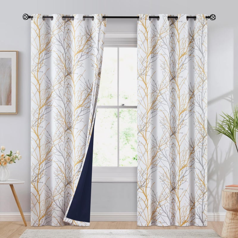 FMFUNCTEX 100% Blackout Yellow on White Tree Curtains for Bedroom, Curtains 84 Inches Long Branch Curtain Panels for Living Room, Room Darkening Thermal Insulated Window Drapes, Grommet Top 2 Panels - Image 1