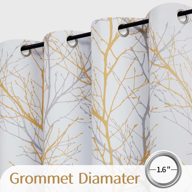 FMFUNCTEX 100% Blackout Yellow on White Tree Curtains for Bedroom, Curtains 84 Inches Long Branch Curtain Panels for Living Room, Room Darkening Thermal Insulated Window Drapes, Grommet Top 2 Panels - Image 3