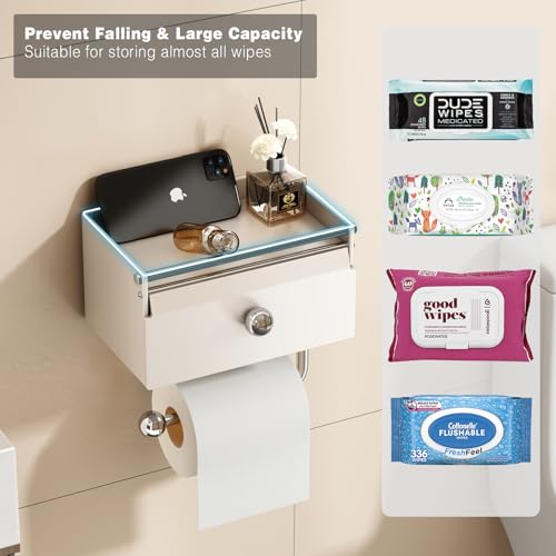 Voldra Toilet Paper Holder with Shelf, Flushable Wipes Dispenser for Bathroom, Adhesive Toilet Paper Roll Holder with Storage Wall Mount Stick On Bathroom Tissue Holder Front Flip Design (Matte White) - Image 4