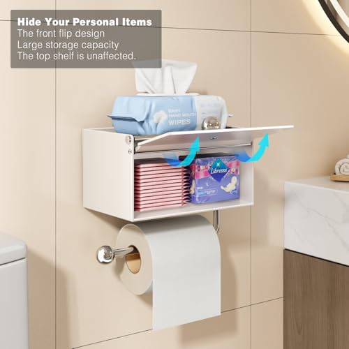 Voldra Toilet Paper Holder with Shelf, Flushable Wipes Dispenser for Bathroom, Adhesive Toilet Paper Roll Holder with Storage Wall Mount Stick On Bathroom Tissue Holder Front Flip Design (Matte White) - Image 3
