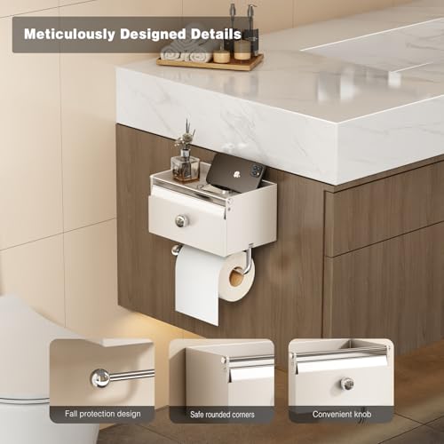 Voldra Toilet Paper Holder with Shelf, Flushable Wipes Dispenser for Bathroom, Adhesive Toilet Paper Roll Holder with Storage Wall Mount Stick On Bathroom Tissue Holder Front Flip Design (Matte White) - Image 2