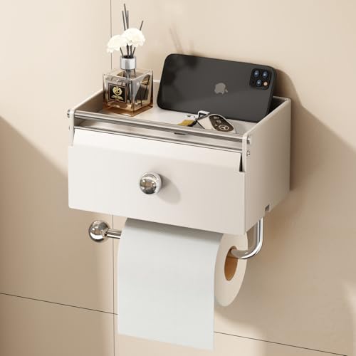 Voldra Toilet Paper Holder with Shelf, Flushable Wipes Dispenser for Bathroom, Adhesive Toilet Paper Roll Holder with Storage Wall Mount Stick On Bathroom Tissue Holder Front Flip Design (Matte White) - Image 1