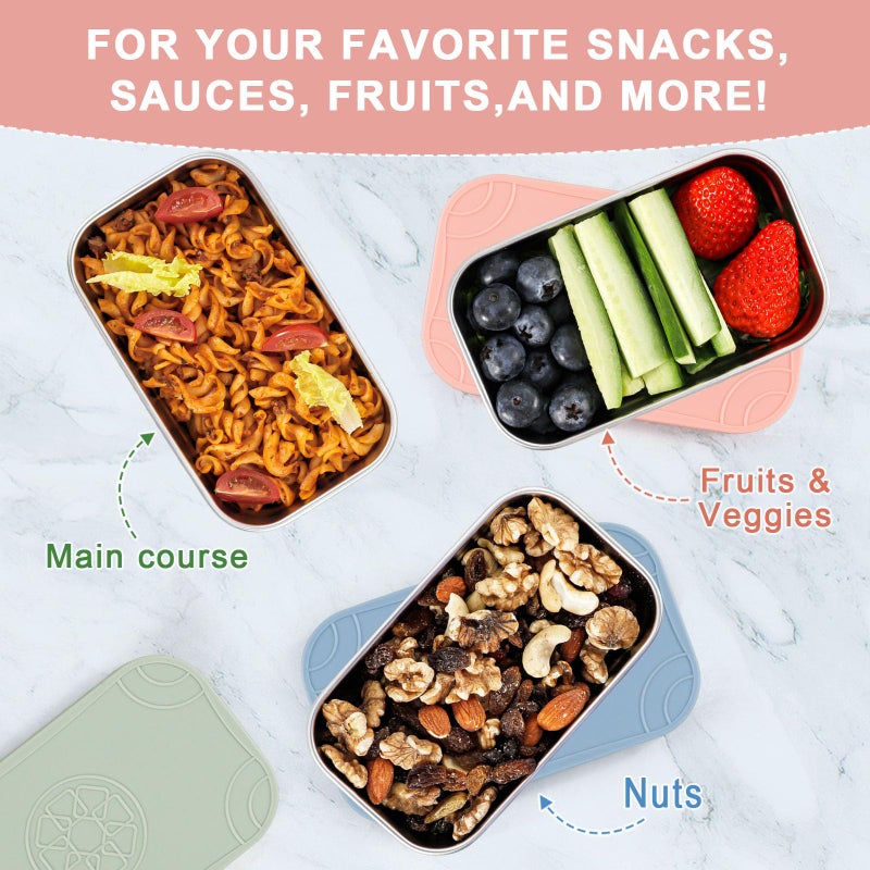 Caperci 3-Pack Large Stainless Steel Snack Containers with Silicone Lids - 15oz Reusable Small Food Storage Deli Containers for Snacks & Meal Prep, Leak-Proof, Easy Open & BPA-Free (440ML) - Image 3