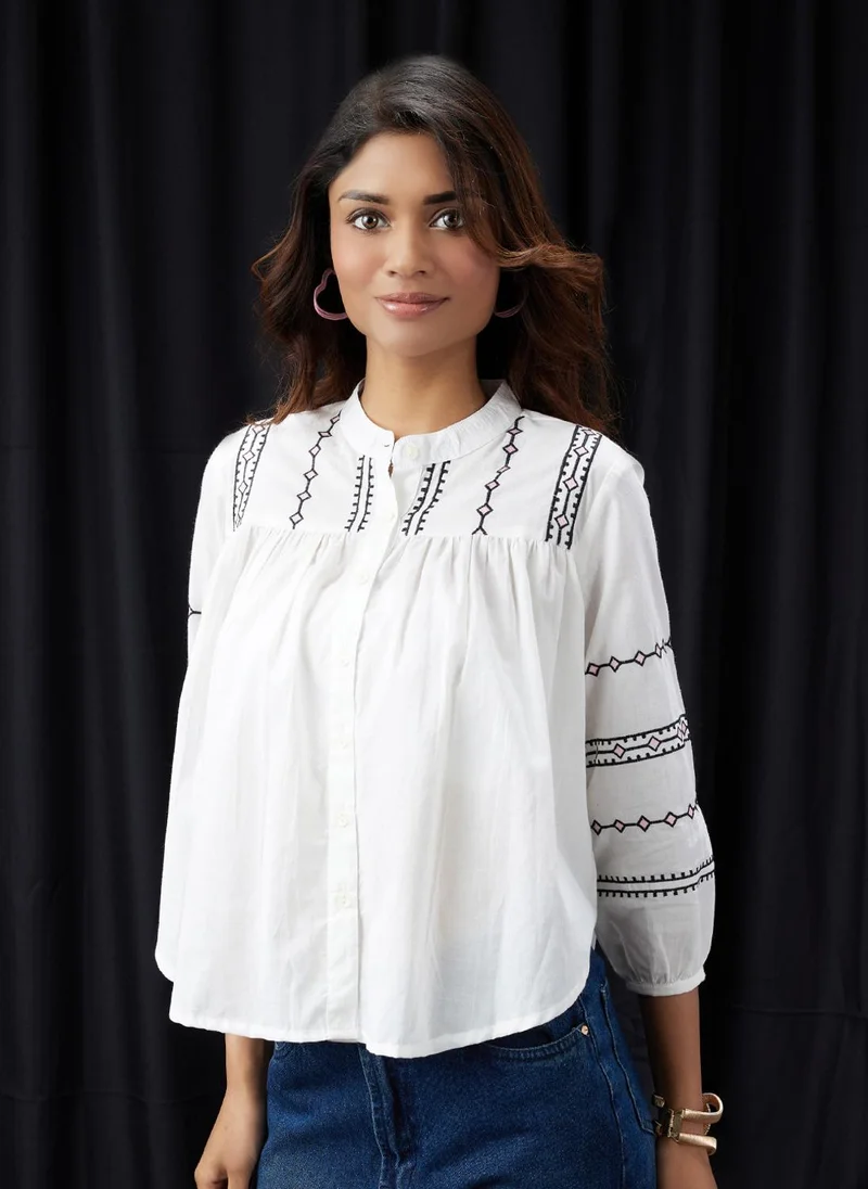 globus Women White Embroidered Mandarin Collar Gathered & Pleasted Detail Shirt Style Top