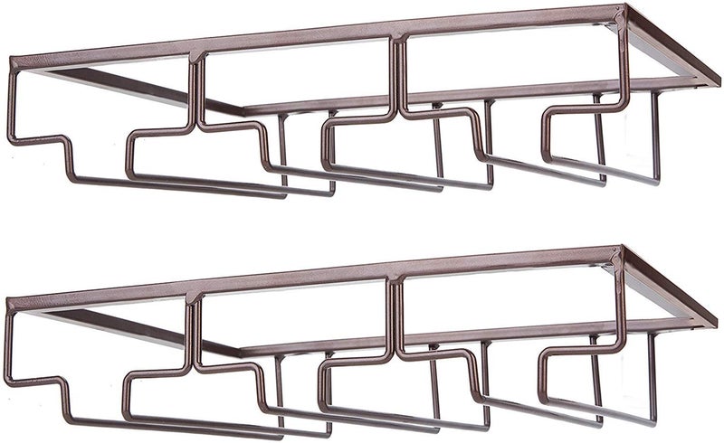 FOMANSH Wine Glass Rack - Under Cabinet Stemware Wine Glass Holder Glasses Storage Hanger 2 Pack Metal Organizer for Bar Kitchen Brown - Image 1