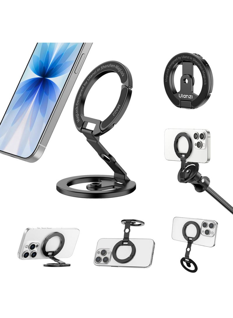 Ulanzi MA02 Dual Magnetic Ring Phone Grip Stand, Aluminum for MagSafe Gym Kickstand Compatible with iPhone 17-12 Series, Foldable Phone Tripod Mount with 1/4" Screw for Live Streaming Vlog - Image 1