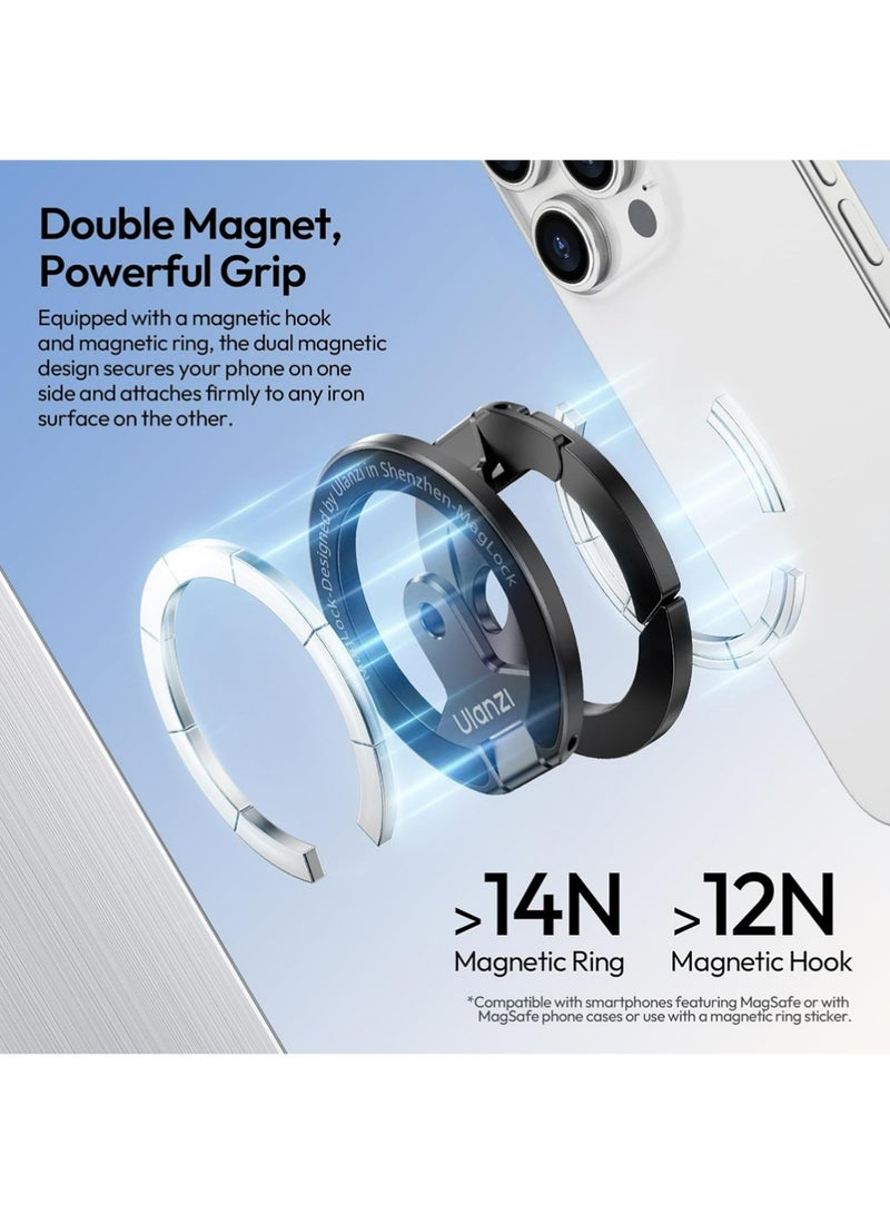 Ulanzi MA02 Dual Magnetic Ring Phone Grip Stand, Aluminum for MagSafe Gym Kickstand Compatible with iPhone 17-12 Series, Foldable Phone Tripod Mount with 1/4" Screw for Live Streaming Vlog - Image 2