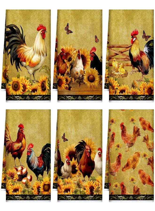 FuWeave 6 Pcs Farmhouse Kitchen Towels Rooster Dish Towels Cock Dishcloths Sunflower Retro Hand Cloths Rustic Cock Mom Gifts for Kitchen Bathroom Decor Housewarming Gift - Image 1