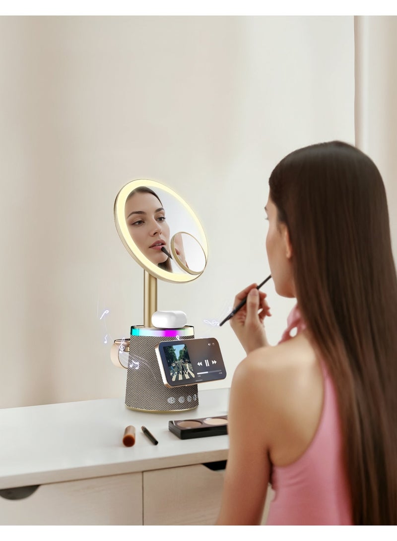 بورودو مرآة مكياج مع شاحن لاسلكي ومكبر صوت مع إضاءة RGB / 3 مستويات سطوع / زر التحكم / استخدام متعدد الأجهزة / تصميم مريح / 10 مستويات إضاءة RGB / 3 درجات لونية - ذهبي - Image 2
