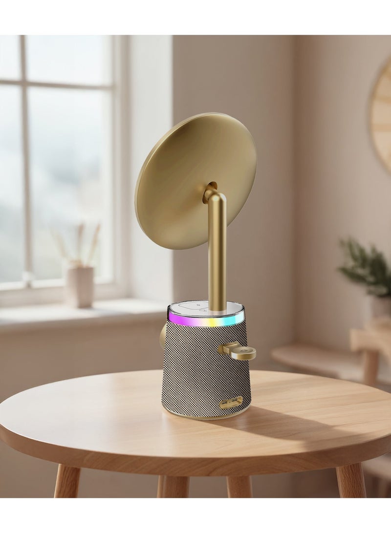 بورودو مرآة مكياج مع شاحن لاسلكي ومكبر صوت مع إضاءة RGB / 3 مستويات سطوع / زر التحكم / استخدام متعدد الأجهزة / تصميم مريح / 10 مستويات إضاءة RGB / 3 درجات لونية - ذهبي - Image 3