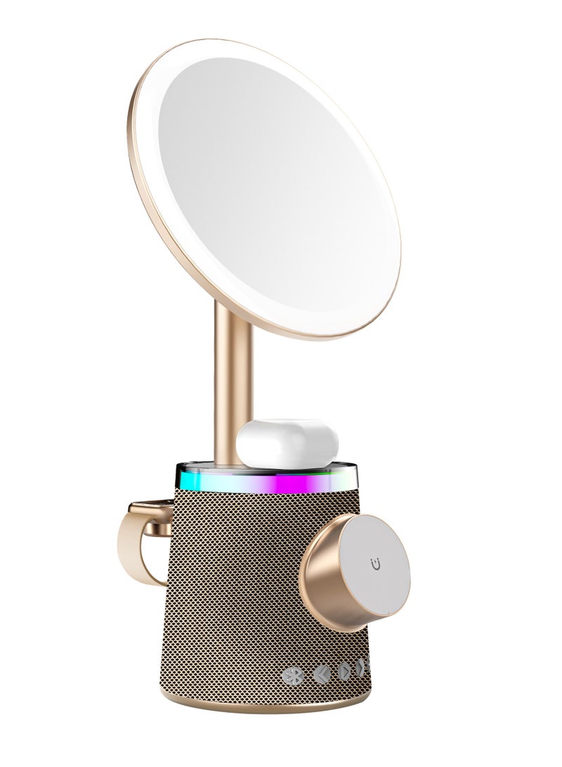 بورودو مرآة مكياج مع شاحن لاسلكي ومكبر صوت مع إضاءة RGB / 3 مستويات سطوع / زر التحكم / استخدام متعدد الأجهزة / تصميم مريح / 10 مستويات إضاءة RGB / 3 درجات لونية - ذهبي - Image 4