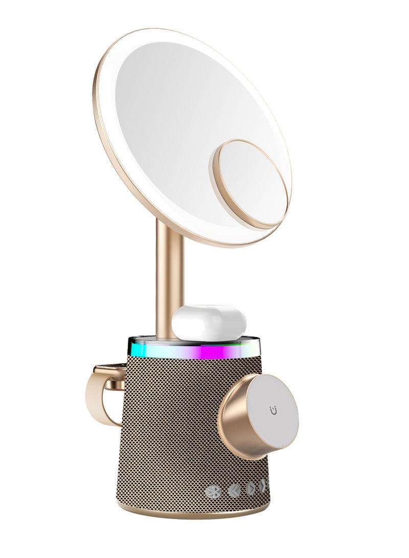 بورودو مرآة مكياج مع شاحن لاسلكي ومكبر صوت مع إضاءة RGB / 3 مستويات سطوع / زر التحكم / استخدام متعدد الأجهزة / تصميم مريح / 10 مستويات إضاءة RGB / 3 درجات لونية - ذهبي - Image 5