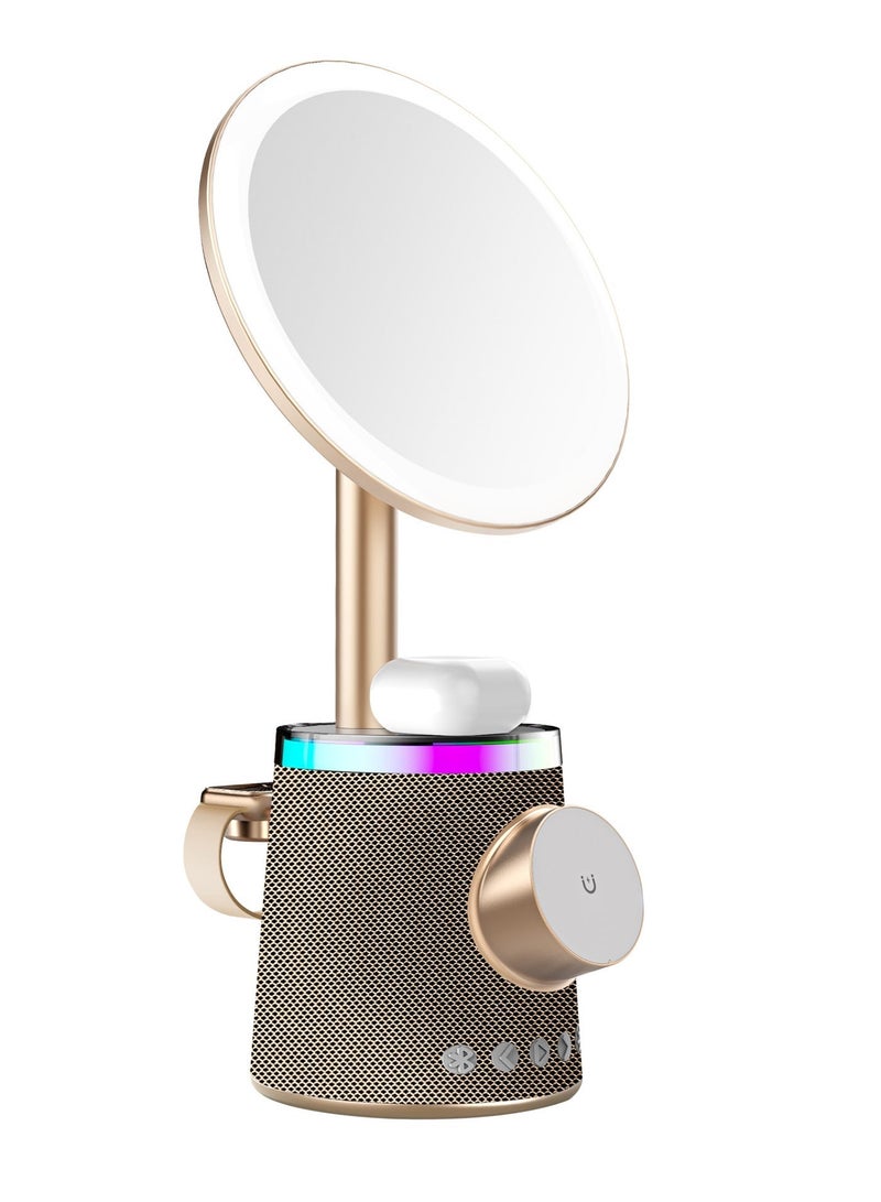 بورودو مرآة مكياج مع شاحن لاسلكي ومكبر صوت مع إضاءة RGB / 3 مستويات سطوع / زر التحكم / استخدام متعدد الأجهزة / تصميم مريح / 10 مستويات إضاءة RGB / 3 درجات لونية - ذهبي - Image 1