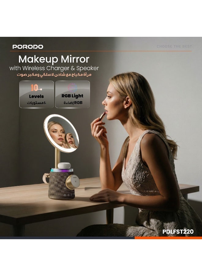بورودو مرآة مكياج مع شاحن لاسلكي ومكبر صوت مع إضاءة RGB / 3 مستويات سطوع / زر التحكم / استخدام متعدد الأجهزة / تصميم مريح / 10 مستويات إضاءة RGB / 3 درجات لونية - ذهبي - Image 4