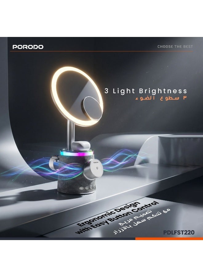 بورودو مرآة مكياج مع شاحن لاسلكي ومكبر صوت مع إضاءة RGB / 3 مستويات سطوع / زر التحكم / استخدام متعدد الأجهزة / تصميم مريح / 10 مستويات إضاءة RGB / 3 درجات لونية - ذهبي - Image 5