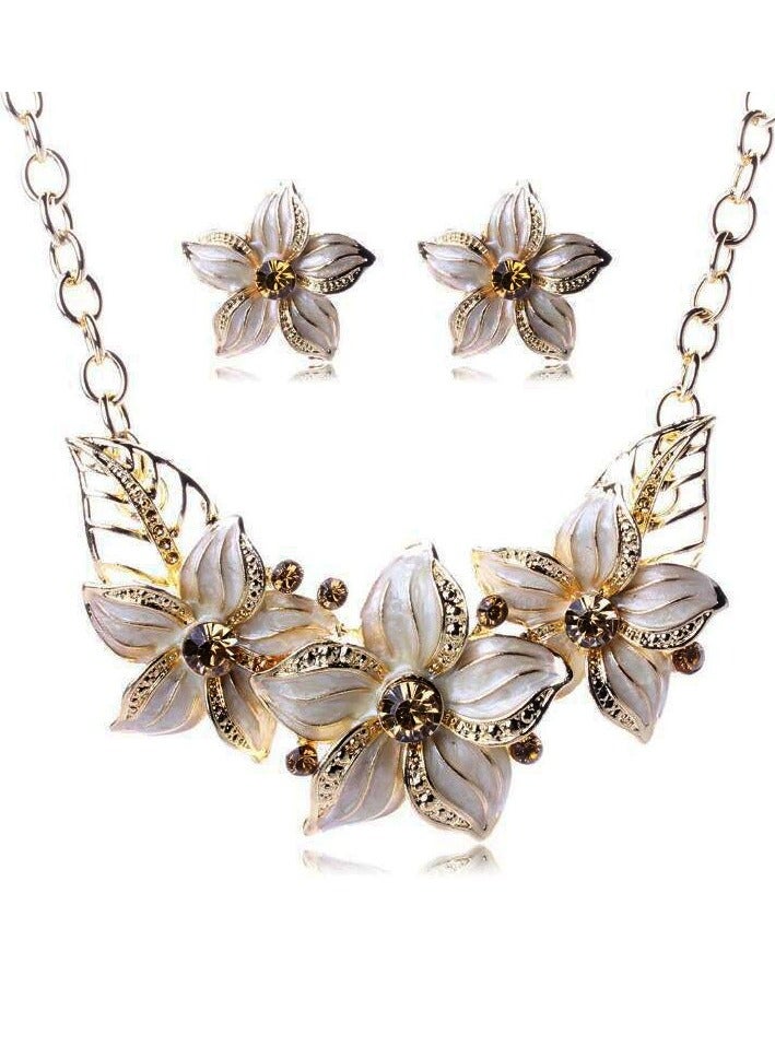 Goolsky White Gardenia Flower Jewelry Set – Hand-Painted Enamel Necklace & Stud Earrings, Elegant Gift for Her - Image 1