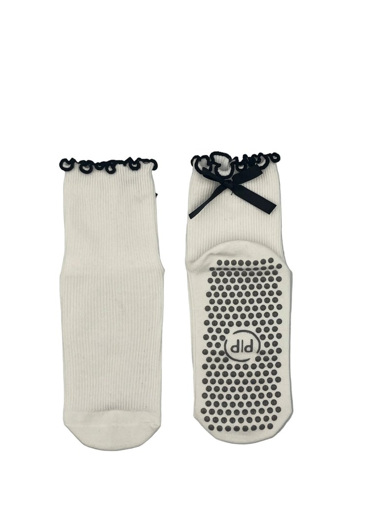 Prickly Pear White & Black Scallop Edge Bow Crew Yoga/Pilates Grip Socks, One Size Fits Most - Image 1