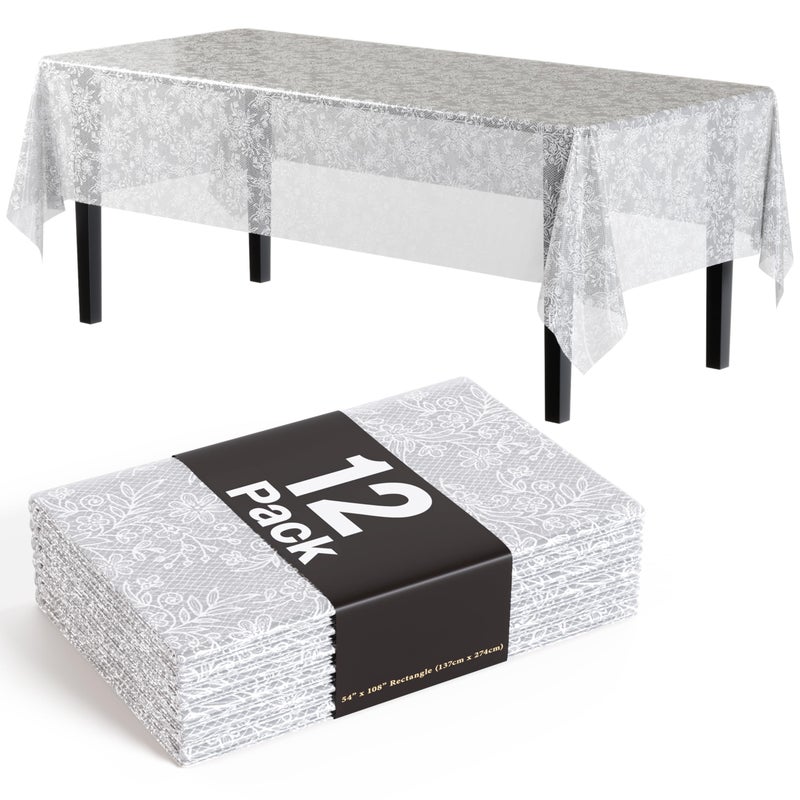 Exquisite Lace Table Cloth Rectangle Table Plastic 12-Pack Lace Tablecloth Rectangular 54" X 108" | Clear & White Floral Tablecloth Disposable | Wild Flower Party Decorations & Party Supplies - Image 1
