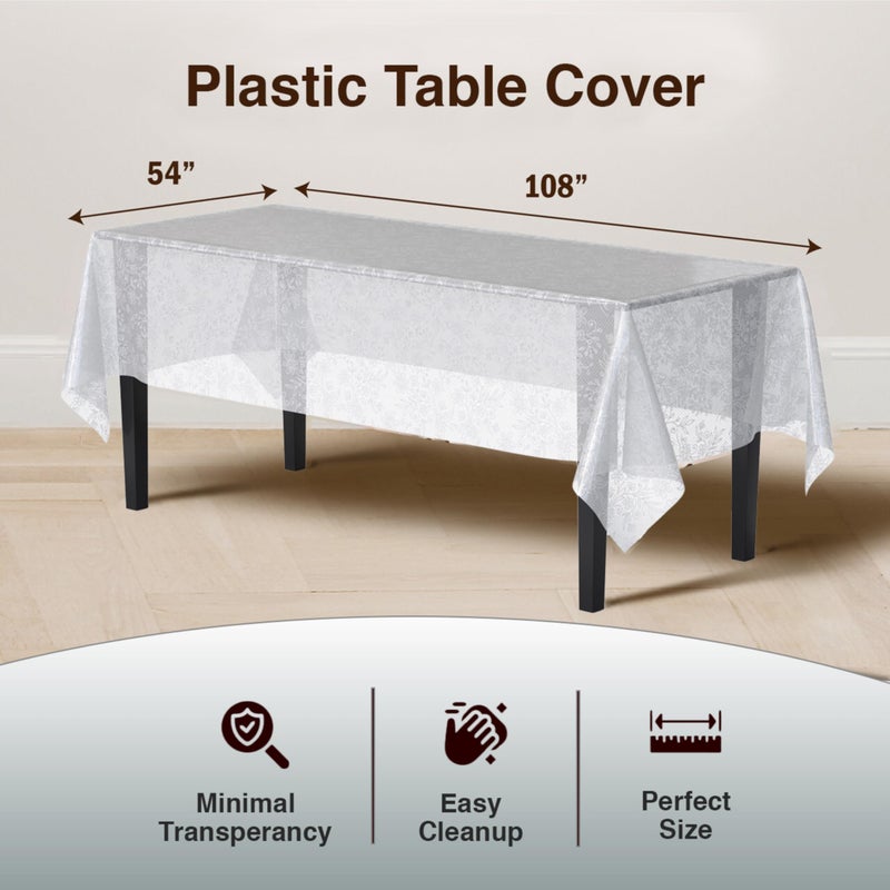 Exquisite Lace Table Cloth Rectangle Table Plastic 12-Pack Lace Tablecloth Rectangular 54" X 108" | Clear & White Floral Tablecloth Disposable | Wild Flower Party Decorations & Party Supplies - Image 2