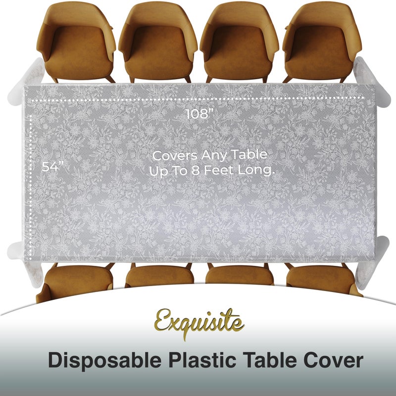 Exquisite Lace Table Cloth Rectangle Table Plastic 12-Pack Lace Tablecloth Rectangular 54" X 108" | Clear & White Floral Tablecloth Disposable | Wild Flower Party Decorations & Party Supplies - Image 3