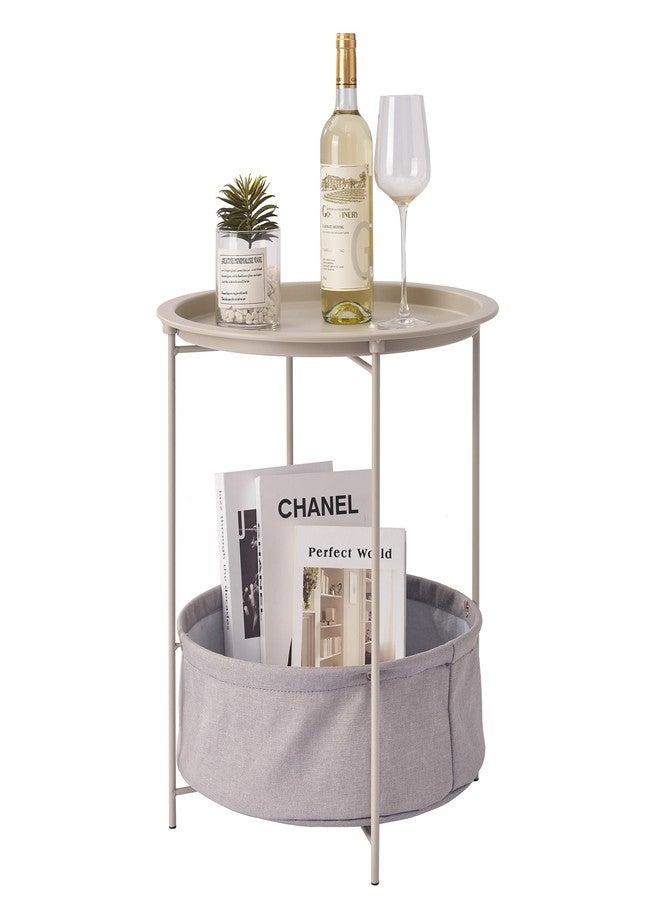 VECELO Round Side/End Table with Fabric Storage Basket，Metal Anti-Rust and Waterproof Small Bedside Nightstand with Removable Tray Top for Living Room，Balcony & Laundry，Grey /1pcs with Basket - Image 1