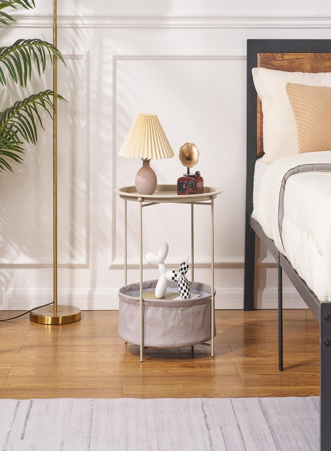 VECELO Round Side/End Table with Fabric Storage Basket，Metal Anti-Rust and Waterproof Small Bedside Nightstand with Removable Tray Top for Living Room，Balcony & Laundry，Grey /1pcs with Basket - Image 5