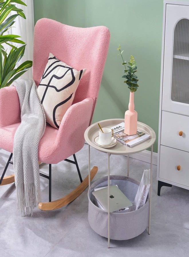 VECELO Round Side/End Table with Fabric Storage Basket，Metal Anti-Rust and Waterproof Small Bedside Nightstand with Removable Tray Top for Living Room，Balcony & Laundry，Grey /1pcs with Basket - Image 3