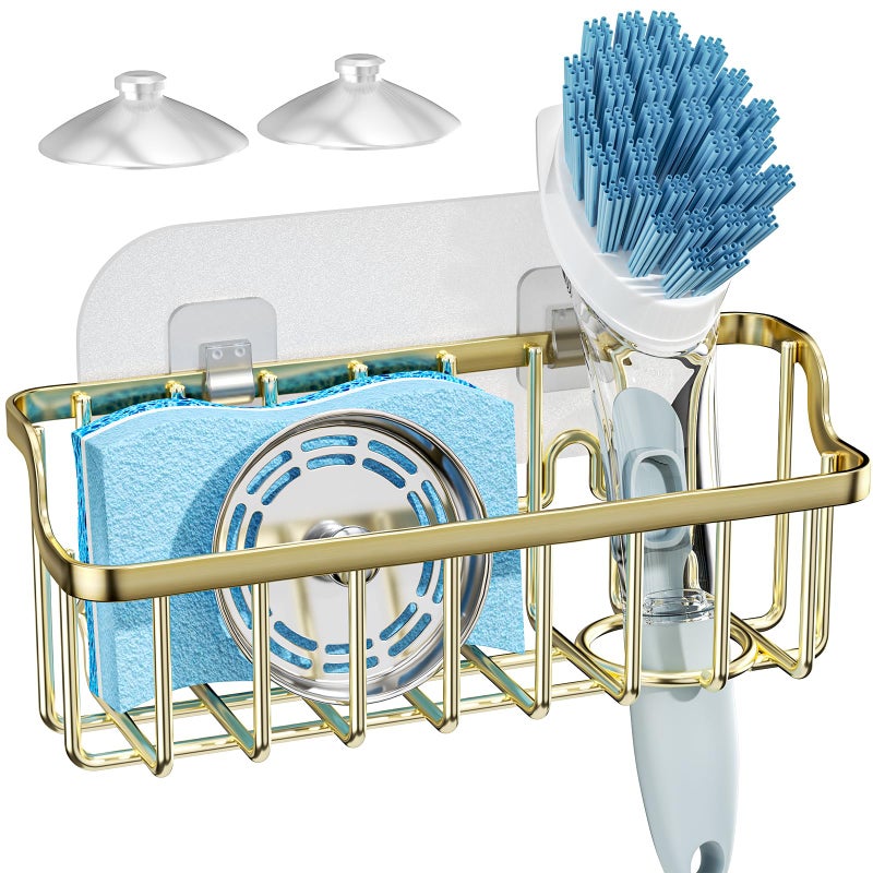 Consumest Sponge Holder Sink Caddy  Ladder Shaped Sponge Holder for Kitchen Sink with 2 Installation Ways Suction Cups  Adhesive Hook Rustproof Stainless Steel Kitchen Organizer Gold