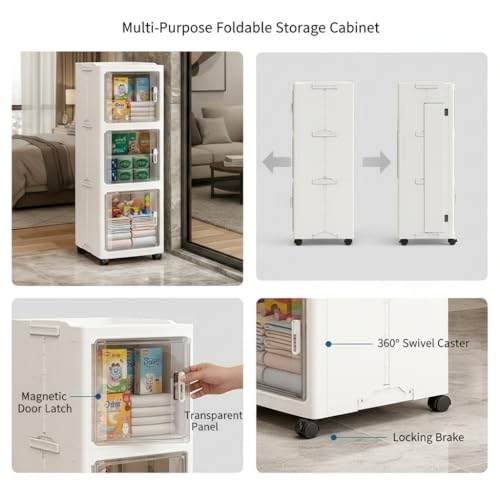 Owme 3 Layer Plastic Storage Cabinet with Transparent Doors | Multipurpose Wardrobe Organizer for Clothes, Toys, Shoes & Accessories | Space Saving Storage Unit - OFF WHITE - Image 5