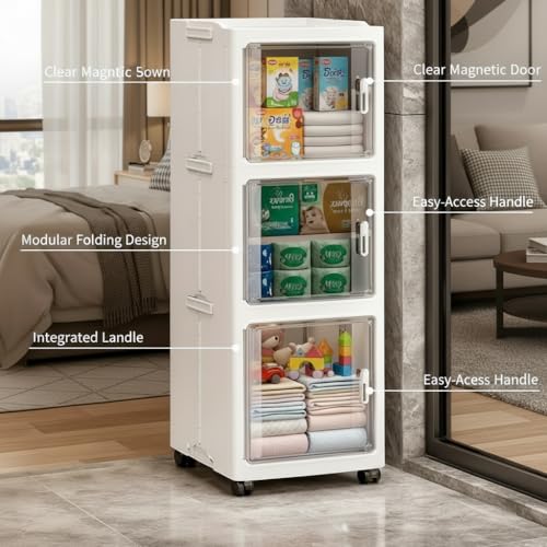 Owme 3 Layer Plastic Storage Cabinet with Transparent Doors | Multipurpose Wardrobe Organizer for Clothes, Toys, Shoes & Accessories | Space Saving Storage Unit - OFF WHITE - Image 2