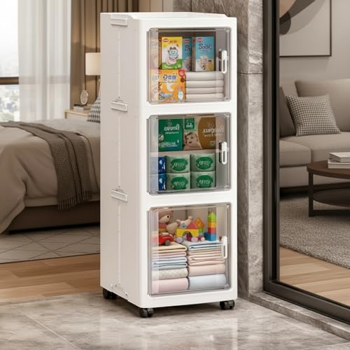 Owme 3 Layer Plastic Storage Cabinet with Transparent Doors | Multipurpose Wardrobe Organizer for Clothes, Toys, Shoes & Accessories | Space Saving Storage Unit - OFF WHITE - Image 1
