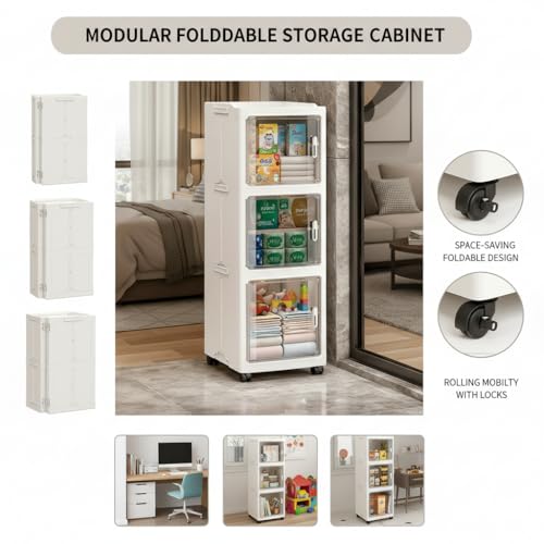 Owme 3 Layer Plastic Storage Cabinet with Transparent Doors | Multipurpose Wardrobe Organizer for Clothes, Toys, Shoes & Accessories | Space Saving Storage Unit - OFF WHITE - Image 4