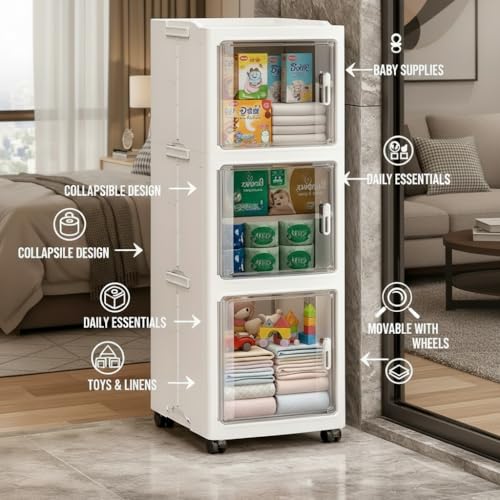 Owme 3 Layer Plastic Storage Cabinet with Transparent Doors | Multipurpose Wardrobe Organizer for Clothes, Toys, Shoes & Accessories | Space Saving Storage Unit - OFF WHITE - Image 3