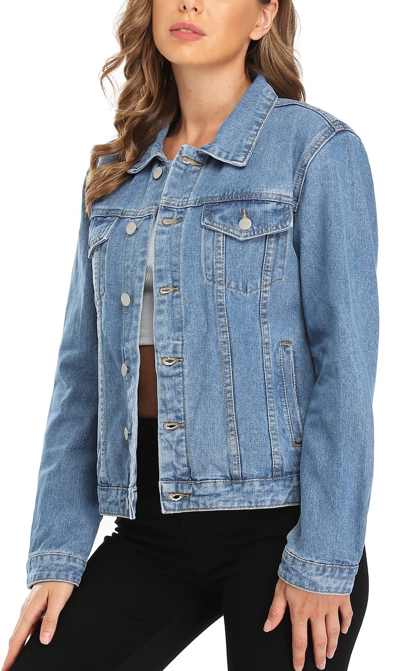 MISS MOLY Women's Denim Jacket Button Up Long Sleeve Basic Trendy Jean Jacket Coat with Pockets mid Blue M - Image 2
