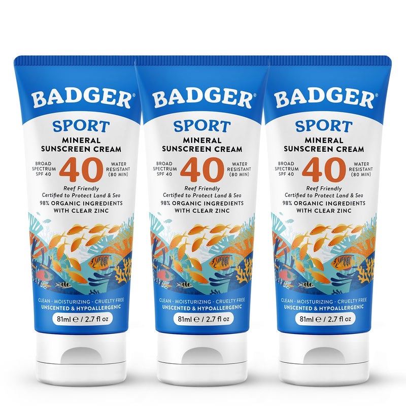 Badger Reef Safe Sunscreen Unscented SPF 40 Sport Mineral Sunscreen 98 Organic Water Resistant Zinc Sunscreen Approved for Hawaii  Mexico Reefs 27 fl oz 3Pack