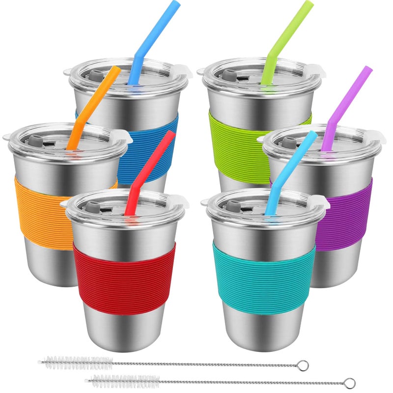 SSAWcasa Kids Cups with Lids and Straws 6 Pack 12oz Spill Proof Tumblers for Kids Stainless Steel Toddler Cups Unbreakable Water Drinking Glasses BPAFree Reusable Metal Sippy Mug for Child Adult Outdoor