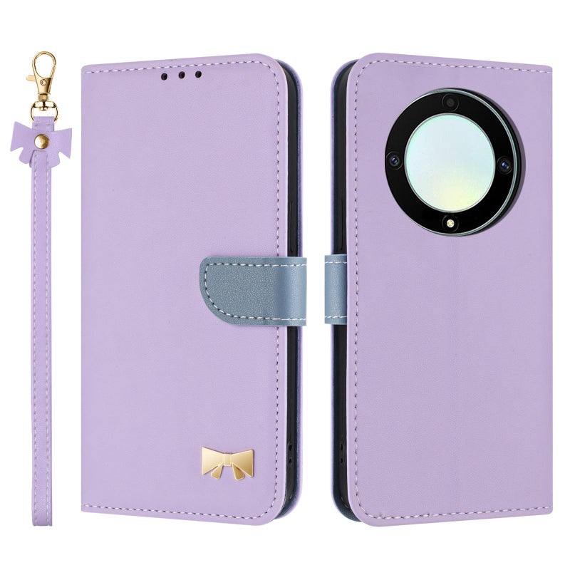 erorex For Honor X9a 5G Metal Bow Leather Phone Case with Hand Strap(Purple) - Image 1