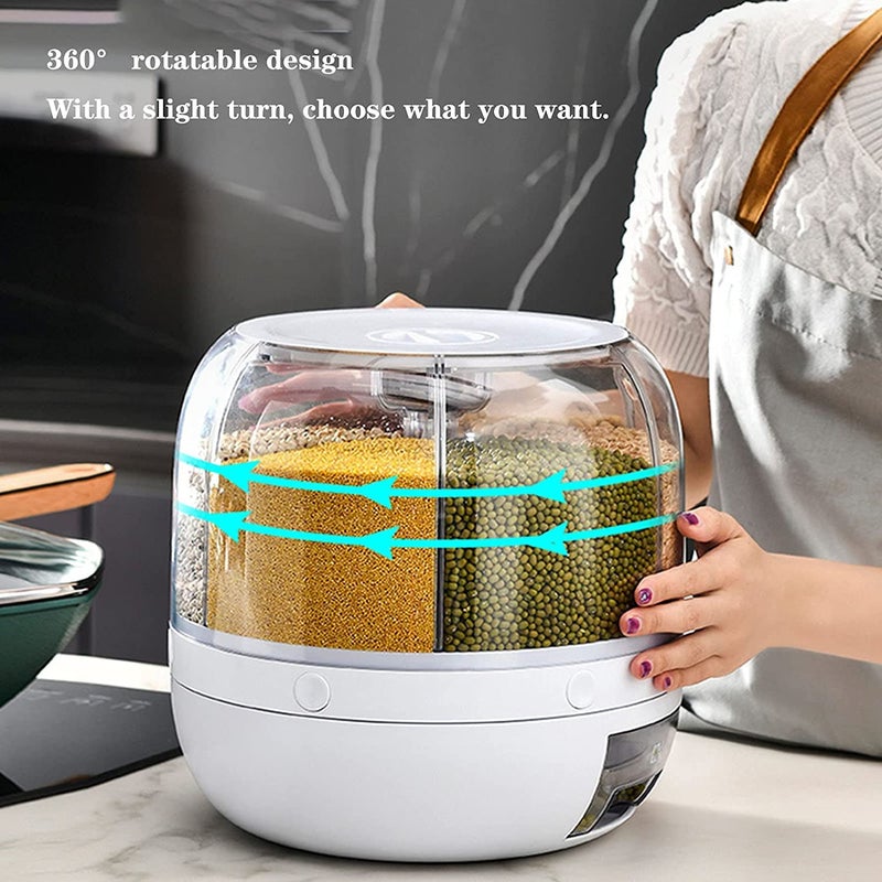 Tray Tray Automatic Plastic 360 Degree Rotation Cereal Dry Food Rice Grain Storage Dispenser Box, with Measuring Cup, 10 kg, White (S)  - Image 5