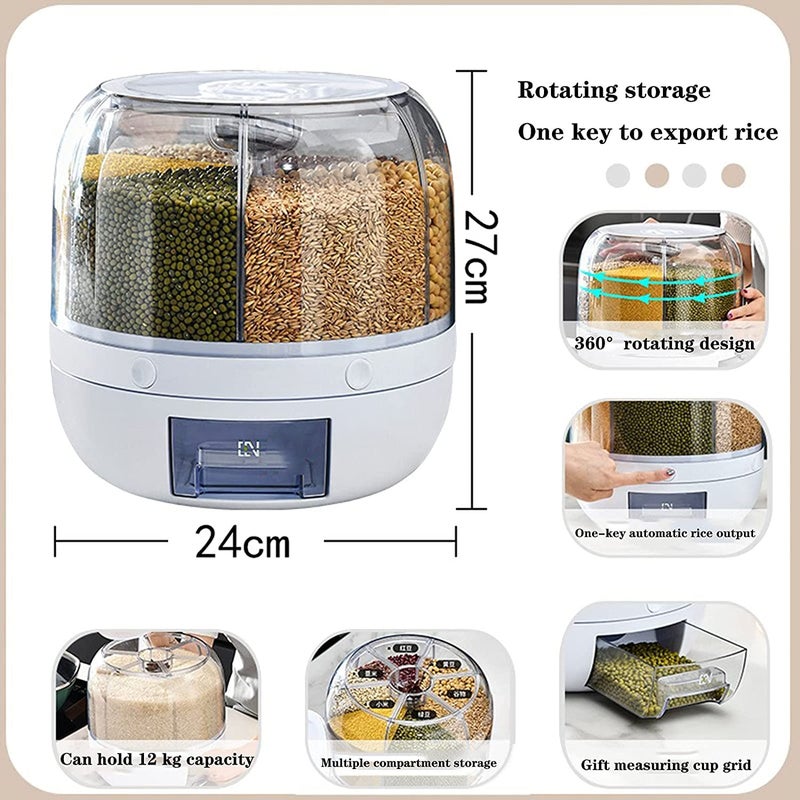 Tray Tray Automatic Plastic 360 Degree Rotation Cereal Dry Food Rice Grain Storage Dispenser Box, with Measuring Cup, 10 kg, White (S)  - Image 2