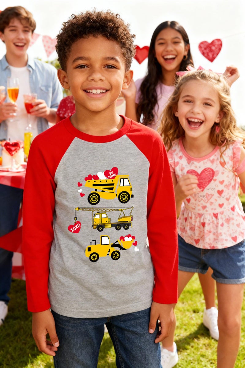 Joctoh Kids Valentines Truck Shirt Boys Girls Digger Love Heart Funny T-Shirts Raglan Long Sleeve Tops Toddler Holiday Tees 5-6 Years - Image 3