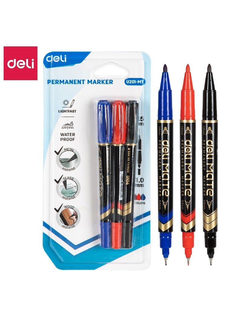 Deli EU201-MT Dual Tip Permanent Marker 0.5/1.0mm ASST. 3pcs/box â€“ ideal for labeling & crafts - Image 1