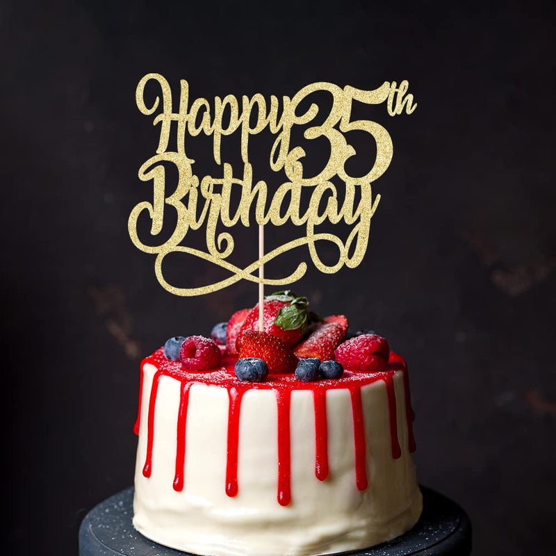 Qertesl Gold Glitter Happy 35th Birthday Cake Topper Cheers to 35 Years happy 35th Birthday Cake Topper 35th Anniversary Cake Topper  men and women 35 years old happy birthday Party Decoration - Image 1