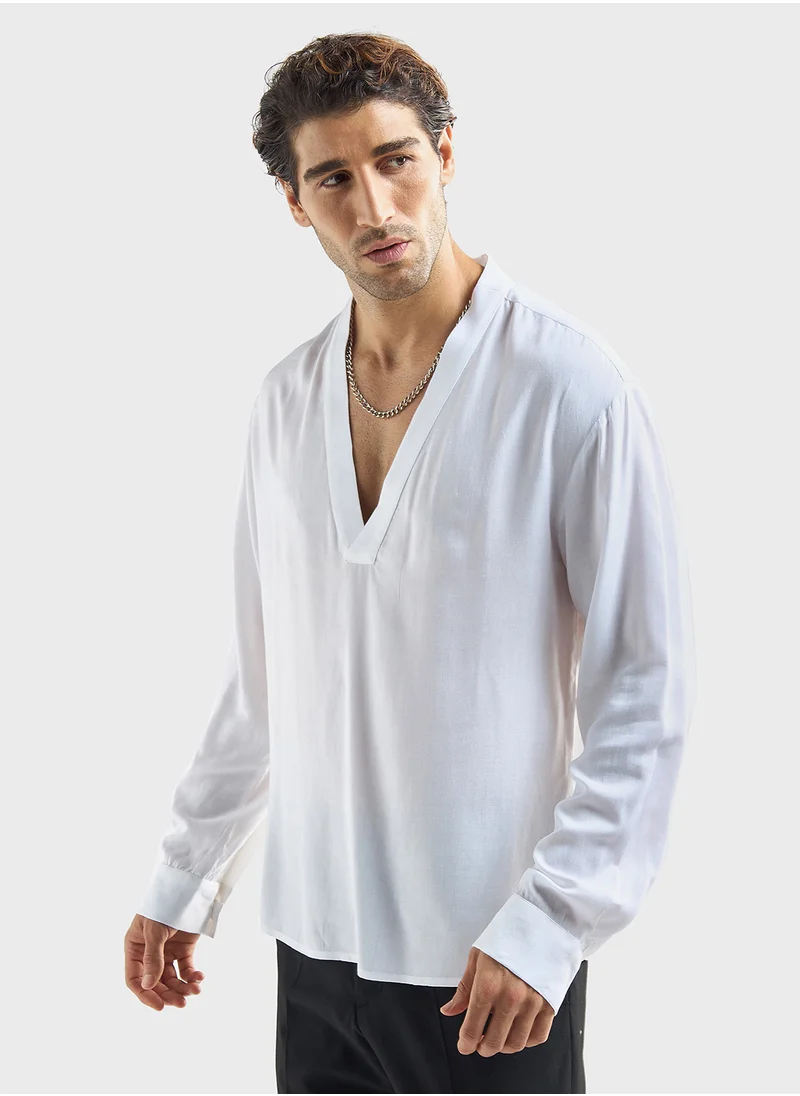 FAV Relaxed Fit Solid T-Shirt with V-neck and Long Sleeves