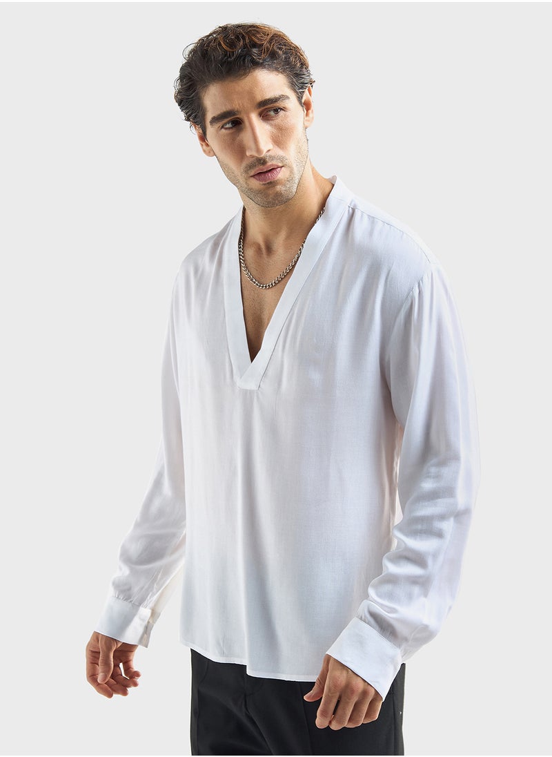 FAV Relaxed Fit Solid T-Shirt with V-neck and Long Sleeves  - Image 1