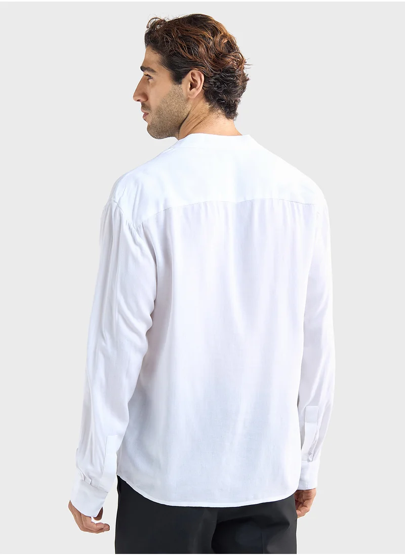 فاف Relaxed Fit Solid T-Shirt with V-neck and Long Sleeves