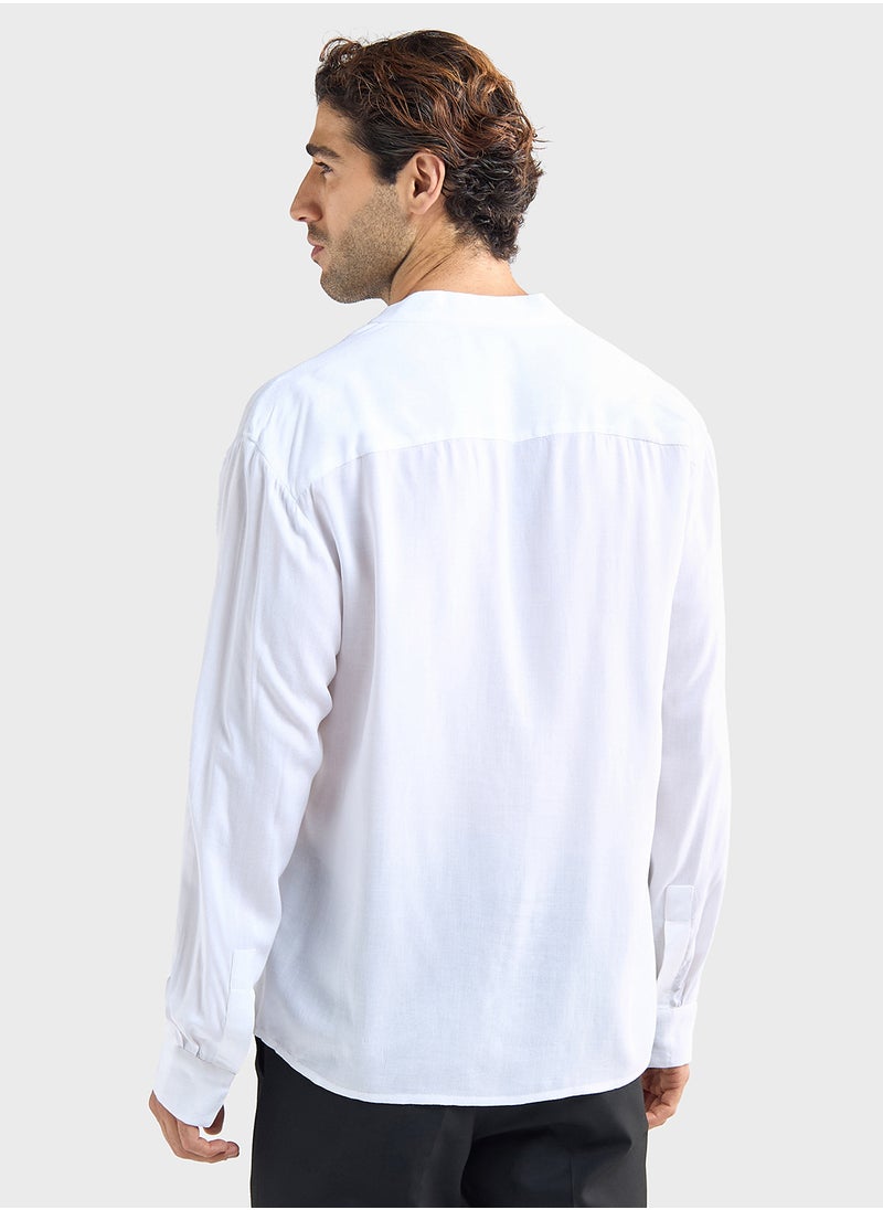 FAV Relaxed Fit Solid T-Shirt with V-neck and Long Sleeves  - Image 2