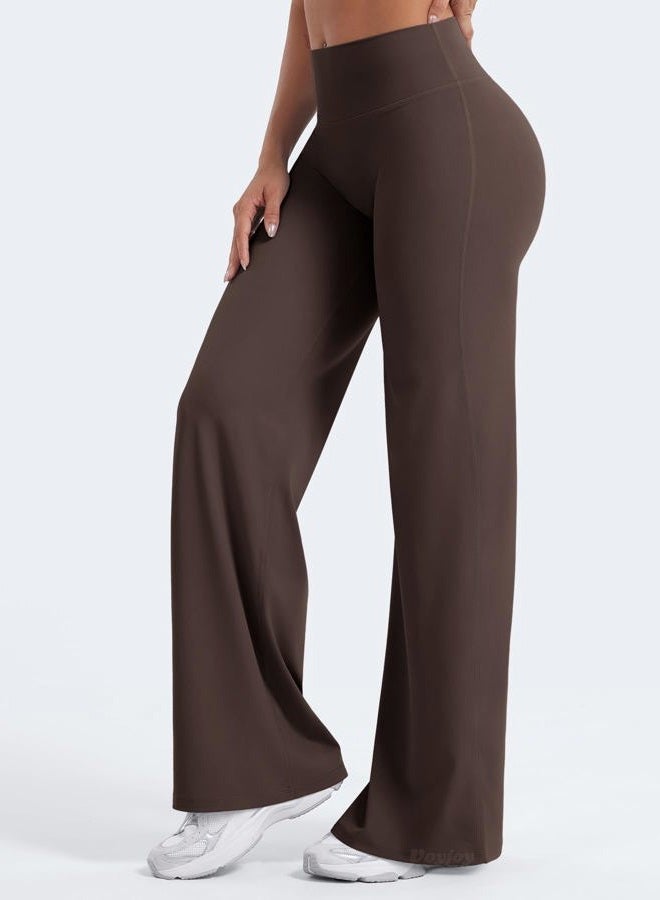 VOYJOY Straight Leggings Bottoms Wide Leg Pants for Women 29"/ 31.5"/33"/35" High Waist Stretch Casual Sweatpants, Plum Brown, L - Image 4